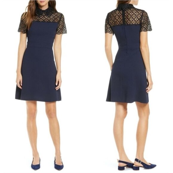 1901 Peter Pan Collar Short Sleeve Back Zip Fit-Flare Lace Mini Dress Size XS - Picture 3 of 13